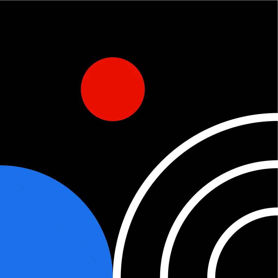 black graphic with white and blue semi circles and red dot representing ongoing innovation